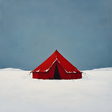 A red tent on a snowy mountain.