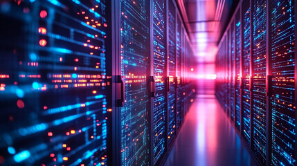 Poster - Data center corridor showcasing vibrant server lights and technology in action
