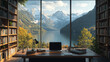 © Sadia - Scenic mountain view from a cozy workspace overlooking a serene lake