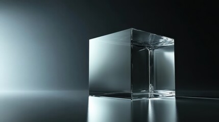 Poster - Transparent glass cube on reflective surface with subtle lighting effect