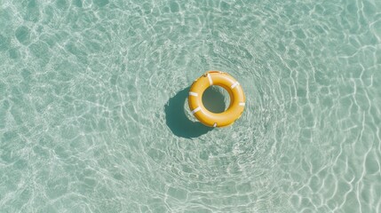 Poster - Top view of a yellow lifebuoy floating on a transparent turquoise water surface, creating relaxing concentric waves, perfect for summer holidays and travel