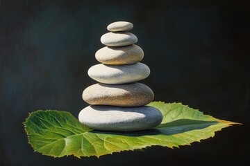 Wall Mural - Stacked smooth stones balanced on a large green leaf creating a calming centerpiece in natural light