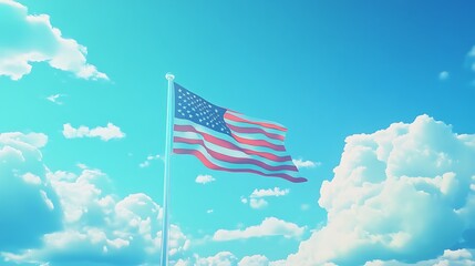 america flag waving on a flagpole framed by serene blue skies