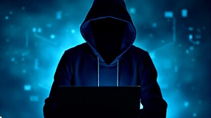 Mysterious Figure in Hoodie Using Laptop Against a Blue Digital Background, Representing Digital Security Threats and Anonymity in the Cyber World