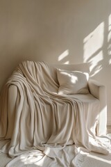 Poster - A white sofa draped in soft, neutral blankets and a single pillow is illuminated by sunlight cascading through a nearby window, casting gentle shadows on the floor