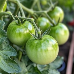 Growing green tomatoes on a vine in a home garden during summer months in a sunny environment. Generative AI