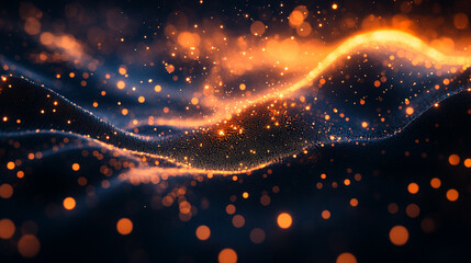 Poster - abstract representation of shimmering particles flowing through a dark environment
