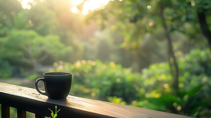 Wall Mural - Coffee cup on the balcony with morning light and green nature background.