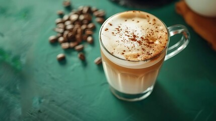 Wall Mural - Cup of coffee with milk on a green background in morning light