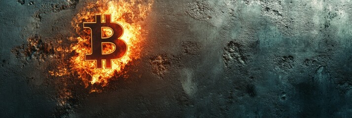 Aufkleber - Bitcoin symbol engulfed in flames against a grunge background, representing the cryptocurrency's price volatility and the risks associated with investing in it