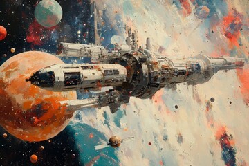 Wall Mural - exploration of outer space with a futuristic spacecraft orbiting a distant moon
