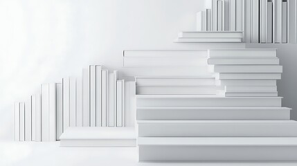 3D render of minimal white book stairs with ample copy space white background