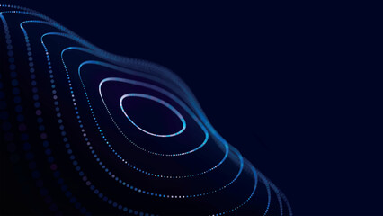 Poster - Futuristic dotted, circular particle wave. Sound waves visualization. Dark background. Technology or science banner. Abstract colorful digital 3D wave. Vector illustration.