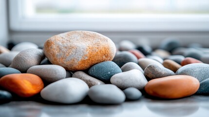 Aufkleber - An artistic composition of various smooth pebbles in soothing colors presents a modern aesthetic, accentuated by natural light emphasizing texture and warmth in design.