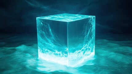 Poster - Glowing ice cube surrounded by mysterious atmosphere and misty environment