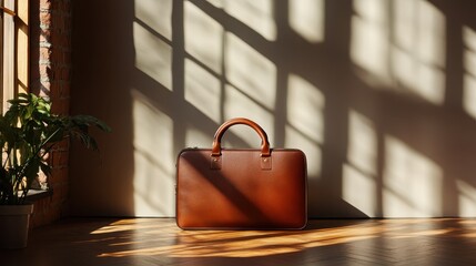 Poster - The image displays a rich brown handbag illuminated by warm sunlight streaming through a window, beautifully highlighting its unique design and texture.