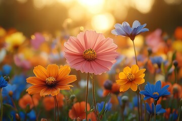 Sticker - Field with different spring flowers and sunlights