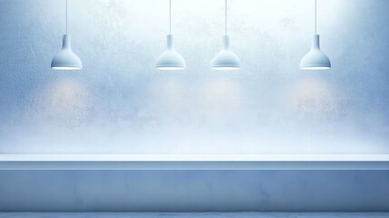 Poster - Minimalist white pendant lamps with soft glow against light blue wall
