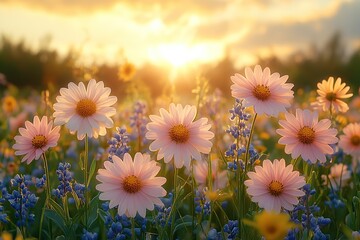 Sticker - Field with different spring flowers and sunlights