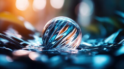 Poster - An abstract representation of a water sphere gliding over a shimmering surface, creating intricate reflections and evoking feelings of tranquility and wonder.