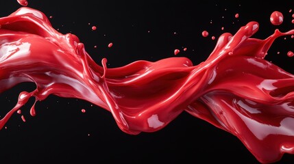 Poster - An expressive splash of vibrant red paint flows gracefully against a stark black background, visually captivating with its dynamic movement and rich texture.