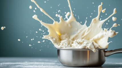 Poster - A dramatic splashing of milk from a silver bowl captures motion and fluidity, symbolizing freshness and vitality, creating an artistic representation of everyday kitchen activities.
