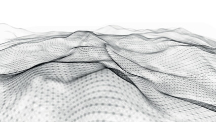 Poster - Futuristic point wave of particles. Visualization of sound waves. Technology or science banner. Abstract black and white digital 3D wave. Light background. Vector illustration.