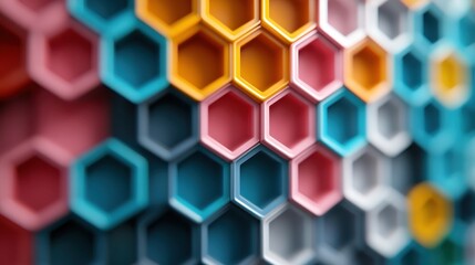 Aufkleber - A captivating arrangement of hexagonal shapes in various colors, showcasing depth through intricate patterns that evoke a sense of structure and complexity.