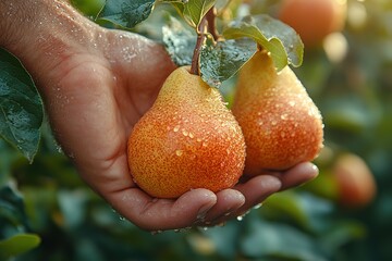 Wall Mural - Male hand picking ripe pear fruit from tree branch