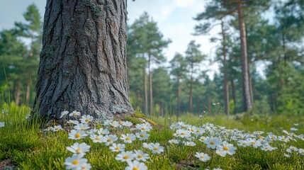 Wall Mural - Daisies blooming at pine tree base in sunny forest meadow