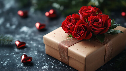 Sticker - A gift box and a bouquet of red roses. Valentine's Day. Mothers Day.