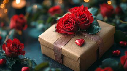 Sticker - A gift box and a bouquet of red roses. Valentine's Day. Mothers Day.