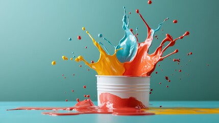 Poster - An eye-catching splash of multiple paint colors erupting from a container, creating a vivid display that captures the essence of creativity and artistic expression in every droplet.