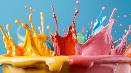 Poster - A stunning burst of colors splashing from a paint bucket, vividly displaying the dynamism of creativity and artistic expression through fluid movement and bright hues of paint.