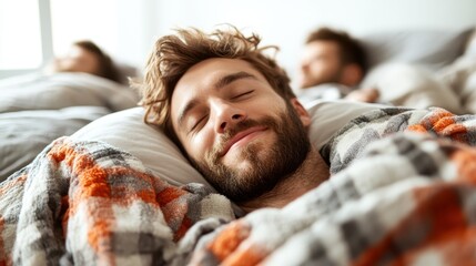 A serene image of a man peacefully sleeping, embodying tranquility and relaxation, surrounded by cozy blankets and a calm atmosphere that evokes comfort.