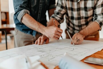Poster - Two individuals carefully review and annotate a detailed blueprint, collaborating on a project, A team working collaboratively on a project