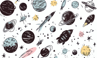 Wall Mural - hand drawn space exploration elements: planets, comets, and spaceships in minimalist grunge style