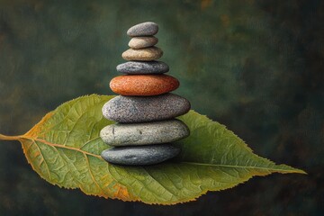 Wall Mural - Stacked smooth stones balanced on a large green leaf creating a calming centerpiece in natural light