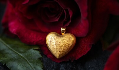 Wall Mural - Golden Heart Pendant Resting Atop a Red Rose Bloom  Romantic Love Jewelry Closeup