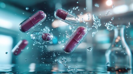 Poster - A stirring visual of capsules splashing into water, signifying a creative interplay between medication and nature, evoking themes of health, balance, and movement.