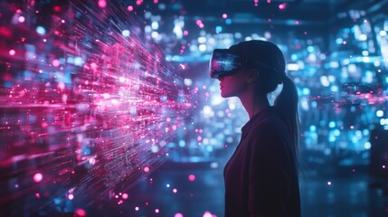 Poster - a worker interacts with an augmented reality ar headset surrounded by holographic displays of data a