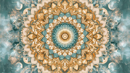Wall Mural - A wide background banner with an intricate mandala design in soft gold and teal tones, providing a calming and artistic backdrop. Intricate Mandala Pattern. Illustration