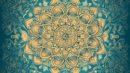 Wall Mural - A wide background banner with an intricate mandala design in soft gold and teal tones, providing a calming and artistic backdrop. Intricate Mandala Pattern. Illustration