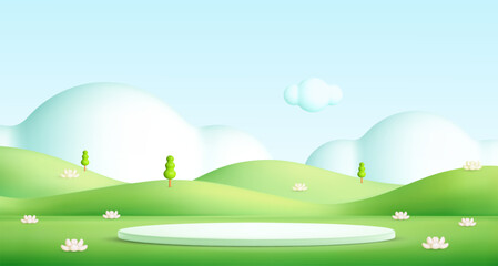 kid podium in green hills on abstract cartoon background. 3d spring landscape. tree, grass mountain,
