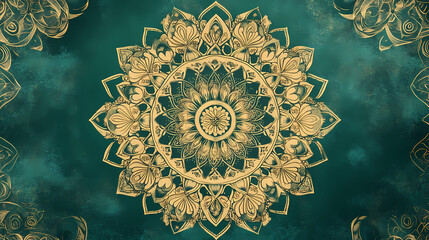 Wall Mural - A wide background banner with an intricate mandala design in soft gold and teal tones, providing a calming and artistic backdrop. Intricate Mandala Pattern. Illustration