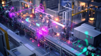 Poster - a network of sensors is depicted atop production equipment with colorful beams of light visually con