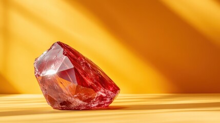 Poster - A stunning red crystal glimmers on a vibrant yellow background, showcasing its sharp facets and magnificent clarity that capture light beautifully.