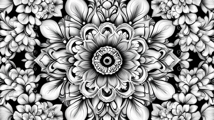 Wall Mural - Black and white intricate floral design. Intricate Mandala Pattern. Illustration