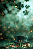 St Patrick’s Day Background Leprechaun hat on mound of green shamrocks and gold coins background