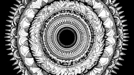 Wall Mural - Black and white mandala with intricate spiral patterns, central circle with spokes and layered circle design. Intricate Mandala Pattern. Illustration